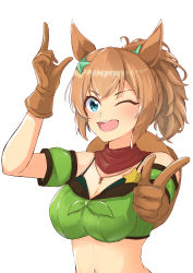 Rule 34 | 1girl, ;d, absurdres, animal ears, aqua eyes, arm up, armband, bandana, bandeau, bare shoulders, bikini, bikini under clothes, breasts, brown hair, cleavage, commentary request, detached sleeves, green armband, hair ornament, highres, horse ears, index finger raised, kotatudogs, large breasts, looking at viewer, midriff, navel, one eye closed, open mouth, pointing, ponytail, short hair, short sleeves, simple background, smile, solo, star (symbol), star hair ornament, stomach, strapless, swimsuit, taiki shuttle (umamusume), tube top, umamusume, upper body, white background