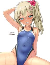 Rule 34 | blonde hair, blue one-piece swimsuit, breasts, covered navel, dated, grecale (kancolle), green eyes, grin, highleg, highleg swimsuit, highres, kantai collection, long hair, montemasa, multicolored clothes, multicolored swimsuit, official alternate hairstyle, one-hour drawing challenge, one-piece swimsuit, side ponytail, simple background, sitting, small breasts, smile, spread legs, swimsuit, twitter username, wet, wet clothes, wet swimsuit, white background