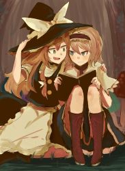 Rule 34 | 2girls, alice margatroid, alternate eye color, apron, black dress, blonde hair, blue dress, blue eyes, book, boots, bow, braid, cross-laced footwear, dress, eyebrows, green eyes, hairband, hand on another&#039;s shoulder, hat, hat bow, kirisame marisa, lolita hairband, long hair, multiple girls, necro (nekurodayo), open book, open mouth, reading, short hair, short sleeves, single braid, sitting, smile, thick eyebrows, touhou, traditional media, waist apron, witch hat, yuri
