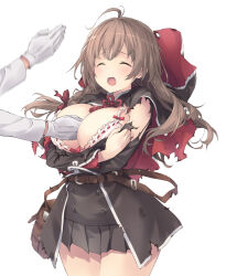Rule 34 | 1boy, 1girl, ahoge, between breasts, black skirt, blush, bra, braid, breasts, brown hair, capelet, cleavage, closed eyes, covering privates, covering breasts, gloves, hair ribbon, hood, hood down, kantai collection, large breasts, long hair, long sleeves, messy hair, open mouth, pleated skirt, red ribbon, ribbon, sakana (flame sakana), shinshuu maru (kancolle), simple background, single braid, skirt, solo, sweat, torn clothes, underwear, white background, white bra, white gloves