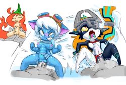 Rule 34 | 3girls, ahegao, betilla, blue skin, breasts, closed eyes, colored sclera, colored skin, crossover, fairy, female ejaculation, freckles, glowing, glowing mouth, goggles, league of legends, lying, midna, minuspal, missionary, multiple crossover, multiple girls, multiple insertions, multiple penetration, multiple vaginal, nintendo, nipples, on back, open mouth, orange hair, penis, pussy, rayman, rayman origins, red eyes, sex, sketch, small breasts, spread legs, stomach bulge, sweat, the legend of zelda, tongue, tongue out, tristana, uncensored, underwear, vaginal, white hair, yellow sclera, yordle