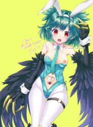 Rule 34 | 1girl, animal ears, antenna hair, bare shoulders, bird legs, black feathers, black wings, blue leotard, blush, breasts, claws, clothing cutout, commentary request, commission, dated, detached collar, fake animal ears, feathered wings, feathers, green hair, harpy, heart, heart tattoo, highleg, highleg leotard, highres, honoka (pandatype), indie virtual youtuber, leotard, lincoro, medium hair, monster girl, navel, navel cutout, nipples, open mouth, pantyhose, playboy bunny, pointy ears, rabbit ears, red eyes, short twintails, side-tie leotard, simple background, skeb commission, small breasts, solo, stomach tattoo, tattoo, thigh strap, twintails, virtual youtuber, wardrobe malfunction, white pantyhose, white wrist cuffs, winged arms, wings, wrist cuffs, yellow background