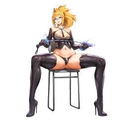 Rule 34 | 1girl, alexandra of resonance, black panties, blonde hair, blush, boots, breasts, bustier, chair, cleavage, dominatrix, earrings, electricity, full body, game cg, high heel boots, high heels, highres, jewelry, kakiman, last origin, navel, necktie, official art, panties, parted lips, red eyes, riding crop, sitting, smile, solo, spread legs, stiletto boots, stiletto heels, tachi-e, thigh boots, thighhighs, transparent background, underwear