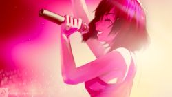 Rule 34 | 1girl, arm up, aurahack, black hair, blurry, breasts, camisole, closed eyes, from side, medium breasts, microphone, original, pink theme, profile, signature, smile, solo, tears, watermark, web address