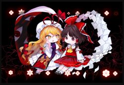 Rule 34 | 2girls, ascot, blonde hair, bow, brown eyes, brown hair, commentary request, detached sleeves, eye contact, flower, frilled bow, frilled hair tubes, frills, gap (touhou), gohei, hair bow, hair tubes, hakurei reimu, hand on own cheek, hand on own face, hat, hat ribbon, holding, holding gohei, korean commentary, light blush, long hair, long sleeves, looking at another, mary janes, mob cap, multiple girls, open mouth, purple tabard, red bow, red ribbon, red skirt, ribbon, ribbon-trimmed sleeves, ribbon trim, shoes, short hair, skirt, skirt set, socks, tabard, touhou, very long hair, yakumo yukari, yellow ascot, yellow eyes, yin yang, yin yang print, yuggug