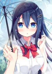 Rule 34 | 1girl, bad id, bad pixiv id, black hair, blue eyes, blue hair, blush, bow, bowtie, breasts, buttons, day, dress shirt, hair between eyes, hair ornament, hairclip, holding, holding hands, holding umbrella, lens flare, long hair, looking at viewer, medium breasts, original, outdoors, parted lips, pocket, pov, rain, red bow, red bowtie, shirt, short sleeves, solo focus, sumisaki yuzuna, transparent, transparent umbrella, umbrella, upper body, white shirt, wing collar
