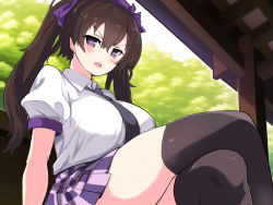 Rule 34 | 1girl, breasts, brown hair, checkered clothes, checkered skirt, collared shirt, frilled shirt collar, frills, fuji norihiro, hat, himekaidou hatate, large breasts, long hair, puffy short sleeves, puffy sleeves, purple skirt, shirt, short sleeves, sidelocks, skindentation, skirt, solo, tokin hat, touhou, twintails