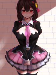 Rule 34 | 1girl, belt, black shirt, black thighhighs, blush, bow, breasts, brick wall, brown hair, closed mouth, cowboy shot, hair between eyes, hair bow, hair ornament, highres, juliet sleeves, kono subarashii sekai ni shukufuku wo!, large breasts, long sleeves, low twintails, md5 mismatch, necktie, nose blush, own hands together, pink bow, pink necktie, pink skirt, pleated skirt, puffy sleeves, red eyes, resolution mismatch, rocha (aloha ro cha), shadow, shirt, short necktie, skirt, solo, source larger, standing, striped clothes, striped skirt, thighhighs, twintails, v arms, yunyun (konosuba), zettai ryouiki