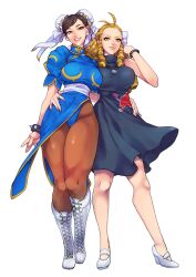 Rule 34 | 2girls, antenna hair, arm around waist, black dress, blonde hair, blue panties, boots, bracelet, breasts, brown hair, brown pantyhose, bun cover, capcom, china dress, chinese clothes, chun-li, clothing aside, commentary request, commission, cross-laced footwear, double bun, dress, earrings, fingernails, full body, hair bun, height difference, highres, implied yuri, jewelry, kanzuki karin, lace-up boots, large breasts, long hair, multiple girls, narrow waist, necklace, official alternate costume, panties, panties over pantyhose, pantyhose, pelvic curtain, pelvic curtain aside, product placement, puffy short sleeves, puffy sleeves, red bull, ringlets, second-party source, short hair, short sleeves, skeb commission, sleeveless, sleeveless dress, spiked bracelet, spikes, street fighter, street fighter v, teko (tawake), thick thighs, thighs, turtleneck, turtleneck dress, underwear, white background, white footwear, yellow eyes