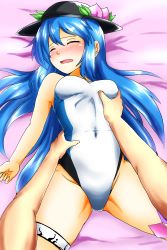 Rule 34 | 1boy, 1girl, absurdres, black hat, blush, breasts, closed eyes, d-m (dii emu), food, fruit, grabbing, grabbing another&#039;s breast, hat, hetero, highres, hinanawi tenshi, long hair, lying, one-piece swimsuit, open mouth, peach, small breasts, swimsuit, torso grab, touhou, very long hair, white one-piece swimsuit