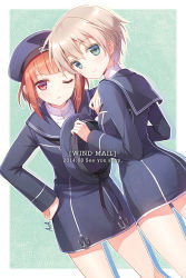 Rule 34 | 10s, 2girls, an2a, blonde hair, blue dress, blush, brown eyes, brown hair, clothes writing, dress, frown, green eyes, hand on own hip, hat, unworn hat, unworn headwear, holding, holding hat, kantai collection, long sleeves, looking at viewer, multiple girls, one eye closed, short hair, signature, smile, wink, z1 leberecht maass (kancolle), z3 max schultz (kancolle)