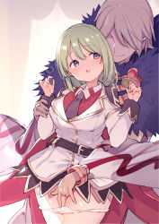 Rule 34 | 1boy, 1girl, bangle, belt, black belt, black necktie, blazer, blue eyes, blush, bracelet, breasts, cape, collared shirt, commentary request, cowboy shot, detached sleeves, epaulettes, faceless, faceless male, fingering, fur collar, genetic (ragnarok online), green hair, hetero, highres, holding another&#039;s wrist, jacket, jewelry, large breasts, light brown hair, looking at another, looking back, medium hair, miya9, necktie, official alternate costume, open mouth, paid reward available, panties, panty pull, ragnarok online, red cape, red shirt, shirt, short hair, sorcerer (ragnarok online), underwear, white jacket, white panties, white sleeves
