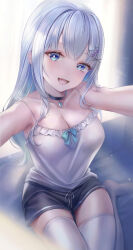 Rule 34 | 1girl, absurdres, armpits, bare arms, bare shoulders, black choker, black shorts, blue eyes, breasts, camisole, choker, cleavage, drawstring, fangs, frilled shirt, frills, hair ornament, hairclip, highres, kaga sumire, long hair, looking at viewer, medium breasts, open mouth, outstretched arms, shirt, short shorts, shorts, sleeveless, sleeveless shirt, smile, solo, spaghetti strap, thighhighs, virtual youtuber, vspo!, white hair, white shirt, white thighhighs, yahiro (heartseek000)