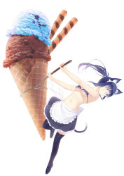 Rule 34 | 1girl, animal ears, apron, bare shoulders, bikini, bikini top only, black hair, black skirt, black thighhighs, blue eyes, blue hair, bow, breasts, cat ears, cat tail, clenched teeth, food, glasses, grin, highres, ice cream, ice cream cone, izumi sai, lace, lace-trimmed skirt, lace trim, long hair, maid, maid apron, maid headdress, matching hair/eyes, medium breasts, miniskirt, navel, open mouth, original, oversized food, oversized object, ponytail, simple background, skirt, smile, solo, striped bikini, striped clothes, swimsuit, tail, teeth, thighhighs, underboob, vertical-striped bikini, vertical-striped clothes, white background