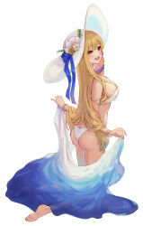 Rule 34 | 1girl, angelica (brown dust), ass, barefoot, bikini, blonde hair, blue towel, blush, bracelet, breasts, brown dust, brown dust 2, chaa art, flower, full body, hat, hat flower, highres, jewelry, kneeling, large breasts, large hat, long hair, looking to the side, open mouth, red eyes, sideboob, simple background, smile, soles, solo, sun hat, swimsuit, teeth, toes, towel, upper teeth only, very long hair, white background, white bikini