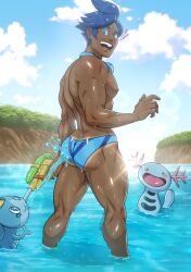 Rule 34 | 1boy, absurdres, antiboo, ass, bara, blue eyes, blue hair, blue male swimwear, cloud, creatures (company), dark-skinned male, dark skin, day, game freak, gen 2 pokemon, gen 8 pokemon, highres, holding, holding water gun, large pectorals, looking at viewer, male focus, male swimwear, marlon (pokemon), muscular, muscular male, nintendo, nipples, open mouth, outdoors, pectorals, pokemon, pokemon (creature), pokemon bw2, short hair, sky, smile, sobble, thick thighs, thighs, water, water gun, wooper
