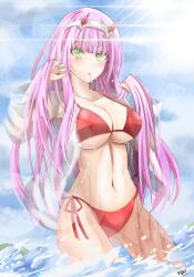 Rule 34 | beach, bikini, breasts, candy, cleavage, cloud, collarbone, darling in the franxx, food, highres, horns, jacket, large breasts, lollipop, looking at viewer, navel, pink hair, red bikini, red horns, sun, swimsuit, thighs, water, white jacket, yukiart 83, zero two (darling in the franxx)
