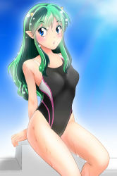 Rule 34 | 1girl, absurdres, black one-piece swimsuit, blue eyes, competition swimsuit, gradient background, green hair, highres, horns, long hair, lum, nanao futaba, one-piece swimsuit, pointy ears, sitting, solo, starting block, swimsuit, urusei yatsura, wet, wet clothes, wet swimsuit