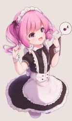 Rule 34 | 1girl, apron, black dress, dress, grey background, highres, long hair, maid, maid headdress, musical note, open mouth, original, pantyhose, pen, pink eyes, pink hair, ribbon, setmen, simple background, smile, solo, spoken musical note, twintails, waist apron, white apron, white pantyhose, wrist cuffs