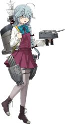 Rule 34 | 1girl, ahoge, ankle boots, black footwear, black ribbon, blue bow, blue neckwear, boots, bow, braid, collared shirt, cross-laced footwear, fujikawa, full body, grey hair, grey pantyhose, hair over eyes, hair ribbon, hamanami (kancolle), holding, kantai collection, lace-up boots, leg up, long hair, long sleeves, machinery, miniskirt, official art, open mouth, orange eyes, pantyhose, pleated skirt, red skirt, red vest, ribbon, rigging, school uniform, shirt, single braid, skirt, skirt set, smokestack, solo, torpedo, torpedo launcher, torpedo tubes, transparent background, turret, vest, white shirt