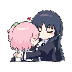 Rule 34 | 2girls, arm around shoulder, assault lily, black hair, black ribbon, blush, chibi, closed eyes, clover hair ornament, commentary, cropped torso, face-to-face, facing another, facing away, four-leaf clover hair ornament, hair ornament, hand on another&#039;s back, heart, highres, hitotsuyanagi riri, juliet sleeves, long hair, long sleeves, multiple girls, neck ribbon, no mouth, one side up, outline, pink hair, puffy sleeves, ribbon, school uniform, shirai yuyu, short hair, simple background, upper body, white background, white outline, yui (yui1115 ), yuri, yurigaoka girls academy school uniform