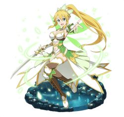 Rule 34 | 1girl, :d, blonde hair, boots, breasts, choker, cleavage, detached sleeves, full body, green eyes, green wings, hair between eyes, hair ornament, high ponytail, holding, holding sword, holding weapon, jewelry, large breasts, leafa, long hair, looking at viewer, navel, necklace, open mouth, outstretched arm, panties, pointy ears, sidelocks, simple background, smile, solo, sword, sword art online, sword art online: memory defrag, thighhighs, transparent background, underwear, very long hair, weapon, white panties, white thighhighs, wings