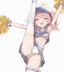 Rule 34 | 1girl, alternate costume, arm up, armpits, blue archive, blush, cheerleader, closed eyes, commentary request, crop top, epi zero, feet out of frame, flexible, flying sweatdrops, frilled thighhighs, frills, furrowed brow, highres, leg lift, leg up, midriff, miniskirt, navel, open mouth, outstretched arms, panties, pink hair, pom pom (cheerleading), sailor collar, scrunchie, serina (blue archive), shirt, short hair, side ponytail, simple background, skirt, sleeveless, sleeveless shirt, solo, split, standing, standing on one leg, standing split, sweatdrop, thighhighs, two-tone skirt, underwear, visor cap, white background, white panties, white thighhighs, wrist scrunchie