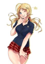 Rule 34 | 1girl, absurdres, ahoge, blonde hair, blue eyes, breasts, collared shirt, commentary request, eyelashes, grin, hachimiya meguru, hair ornament, hairclip, hand on own face, highres, hotate-chan, idolmaster, idolmaster shiny colors, large breasts, long hair, low twintails, microskirt, one eye closed, plaid, plaid skirt, school uniform, shirt, skirt, smile, solo, star (symbol), star hair ornament, taut clothes, taut shirt, twintails