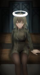 Rule 34 | 1girl, absurdres, arm behind back, black pantyhose, brown hair, camouflage, camouflage jacket, closed mouth, fake halo, girls&#039; frontline, green eyes, hair between eyes, halo, hand on back, highres, jacket, long hair, looking at viewer, pantyhose, simple background, sitting, smile, solo, tagme, taishi karibe, textless version, ump40 (girls&#039; frontline)