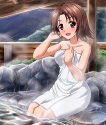 Rule 34 | 10s, 1girl, blurry, blurry background, blush, brown eyes, brown hair, collared shirt, commentary request, depth of field, falling star, girls und panzer, hand in own hair, highres, holding, holding towel, looking at viewer, naked towel, night, night sky, onsen, open mouth, outdoors, parted bangs, rock, sawa azusa, shirt, short hair, sitting, sky, smile, soaking feet, solo, star (sky), starry sky, steam, stone, towel, water, wet, wet hair, white towel, zanntetu