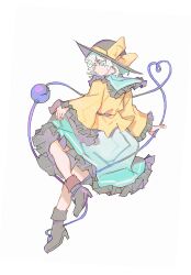 Rule 34 | 1girl, black footwear, black hat, boots, collared shirt, commentary, frilled shirt collar, frilled skirt, frilled sleeves, frills, green eyes, green skirt, grey hair, hat, hat ribbon, heart, high heel boots, high heels, highres, komeiji koishi, long sleeves, medium hair, miko (15476997), ribbon, shirt, simple background, skirt, solo, symbol-only commentary, third eye, touhou, white background, yellow shirt