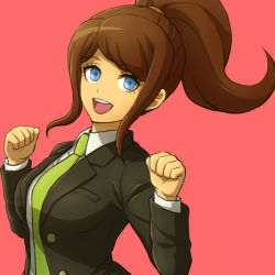 Rule 34 | 1girl, :d, asahina aoi, black jacket, blue eyes, breasts, brown hair, clenched hands, collared shirt, commentary request, danganronpa (series), danganronpa 3 (anime), green necktie, gunjo dusk, hair ornament, hands up, jacket, large breasts, long hair, long sleeves, looking at viewer, lowres, necktie, open mouth, ponytail, red background, shirt, simple background, smile, solo, teeth, upper teeth only, white shirt