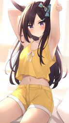 Rule 34 | 1girl, absurdres, armpits, arms up, black hair, blurry, blurry background, blush, breasts, closed mouth, commentary request, commission, hair ornament, highres, looking at viewer, medium breasts, mejiro dober (umamusume), navel, pixiv commission, purple eyes, shorts, solo, umamusume, waking up, zeatto