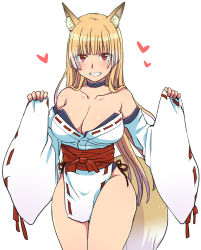 Rule 34 | 1girl, animal ears, blonde hair, blush, borrowed character, breasts, collarbone, cowboy shot, detached sleeves, eroe, fox ears, fox girl, fox tail, gradient hair, grin, hands up, heart, highres, large breasts, long hair, looking at viewer, multicolored hair, nervous smile, nontraditional miko, obi, original, pelvic curtain, ribbon trim, sash, simple background, smile, solo, straight hair, tail, thighs, very long hair, white background, white hair