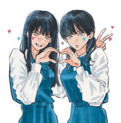 Rule 34 | 2girls, belt, black hair, blue belt, blue bow, blue bowtie, blue dress, blush, bow, bowtie, breasts, chainsaw man, collared shirt, dress, dual persona, facial tattoo, fingernails, fourth east high school uniform, grey eyes, hair between eyes, hand up, hands up, heart, heart hands, heart tattoo, highres, juliet sleeves, long fingernails, long hair, long sleeves, looking at viewer, medium breasts, mitaka asa, multiple girls, needbee r, open mouth, puffy long sleeves, puffy sleeves, ringed eyes, school uniform, selfcest, shirt, short hair, short twintails, simple background, smile, standing, tattoo, teeth, twintails, v, v-shaped eyebrows, white background, white shirt, yellow eyes, yoru (chainsaw man), yuri