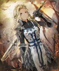 Rule 34 | 1girl, absurdres, arm behind back, armor, armored dress, black bodysuit, blonde hair, blurry, blurry background, bodysuit, braid, closed mouth, cloud, commentary, dirty, dirty clothes, dirty face, dot nose, dutch angle, fire, fire, forehead, frown, gauntlets, highres, holding, holding sword, holding weapon, knight, minj kim, multicolored hair, original, outdoors, planted, planted sword, planted weapon, red eyes, shoulder armor, solo, sparkle, streaked hair, sword, symbol-only commentary, two-tone hair, war, weapon, white hair