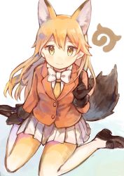 Rule 34 | 10s, 1girl, animal ears, black footwear, black gloves, blonde hair, blush, closed mouth, ezo red fox (kemono friends), fox ears, fox shadow puppet, fox tail, gloves, hand up, highres, japari symbol, kemono friends, loafers, long hair, looking at viewer, pantyhose, pleated skirt, sencha (senta 10), shoes, sitting, skirt, smile, solo, tail, wariza, white skirt, yellow eyes