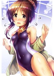 Rule 34 | 1girl, blue one-piece swimsuit, blush, breasts, brown eyes, brown hair, clothes down, collarbone, competition swimsuit, covered navel, embarrassed, grey jacket, groin, hair between eyes, highleg, highleg swimsuit, highres, idolmaster, idolmaster cinderella girls, jacket, leg up, long hair, looking at viewer, ment, one-piece swimsuit, open mouth, sidelocks, small breasts, solo, swimsuit, takamori aiko