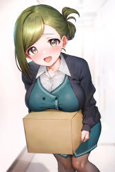 Rule 34 | 1girl, black cardigan, blush, box, breast rest, breasts, brown pantyhose, cardboard box, cardigan, carried breast rest, carrying, feet out of frame, folded ponytail, green eyes, green hair, highres, holding, holding box, idolmaster, idolmaster shiny colors, large breasts, looking at viewer, nanakusa hazuki, pantyhose, qianlou (qianlou12374), single sidelock, smile, solo, swept bangs
