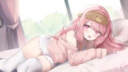 Rule 34 | 1girl, breasts, camisole, cleavage, commentary, commission, indie virtual youtuber, jacket, kurage cc, long hair, majime-chan, pajamas, pink curtains, pink hair, pink jacket, shorts, skeb commission, sleep mask, small breasts, solo, symbol-only commentary, thighhighs, virtual youtuber, white camisole, white shorts, white thighhighs