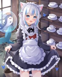 Rule 34 | 1girl, :d, absurdres, animal ear fluff, animal ears, apron, black choker, bloop (gawr gura), blue eyes, blue hair, blush, cat ears, choker, cup, fins, fish tail, gawr gura, grey hair, hair ornament, highres, hololive, hololive english, looking at viewer, maid, maid apron, maid headdress, medium hair, multicolored hair, nekopurin (nyanko prin), open mouth, plate, shark girl, shark hair ornament, shark tail, sharp teeth, short twintails, smile, solo, streaked hair, tail, teacup, teeth, twintails, virtual youtuber, white apron