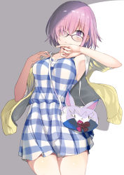 Rule 34 | 1girl, armpits, bad id, bad pixiv id, bag, black-framed eyewear, blush, breasts, closed mouth, collarbone, commentary request, dress, eyes visible through hair, fate/grand order, fate (series), fingernails, fou (fate), glasses, hair over one eye, hands up, head tilt, highres, hood, hood down, hooded jacket, jacket, looking at viewer, mash kyrielight, mash kyrielight (senpai killer outfit), medium breasts, nanananana, official alternate costume, open clothes, open jacket, pink hair, plaid, plaid dress, purple eyes, short hair, short sleeves, shoulder bag, sleeveless, sleeveless dress, solo, yellow jacket