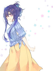 Rule 34 | 1girl, alternate costume, arm behind back, az 37331m, blue shirt, casual, doki doki literature club, folded ponytail, hair between eyes, hair ornament, hair up, hairclip, highres, long hair, long skirt, looking at viewer, open mouth, purple eyes, purple hair, ribbed shirt, shirt, simple background, skirt, smile, solo, star (symbol), starry background, tied shirt, white background, yellow skirt, yuri (doki doki literature club)