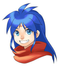 Rule 34 | 1boy, blue eyes, blue hair, breath of fire, breath of fire i, facial mark, forehead mark, geno (artist), grin, male focus, matching hair/eyes, portrait, ryuu (breath of fire i), short hair, simple background, smile, solo, white background