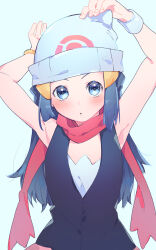 Rule 34 | 1girl, absurdres, arms up, beanie, black hair, black shirt, blue eyes, blush, bracelet, commentary request, creatures (company), dawn (pokemon), game freak, hair ornament, hairclip, hat, highres, jewelry, long hair, looking at viewer, nintendo, parted lips, pink scarf, pokemon, pokemon dppt, scarf, shirt, sidelocks, sleeveless, sleeveless shirt, solo, upper body, valentine (02140314c), white hat