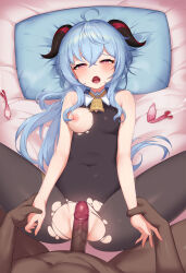 Rule 34 | 1boy, 1girl, absurdres, after vaginal, aftersex, ahoge, alternate hairstyle, bare shoulders, bed sheet, bell, black bodysuit, blue hair, blush, bodysuit, bodysuit under clothes, breasts, censored, clothed female nude male, condom, crossed bangs, cum, dark-skinned male, dark skin, fang, fangs, ganyu (genshin impact), genshin impact, goat horns, hair between eyes, heart, heart-shaped pupils, hetero, highres, horns, long hair, looking at viewer, looking up, lying, medium breasts, mosaic censoring, multicolored eyes, neck bell, nipples, nude, on back, on bed, open mouth, penis, pillow, pink ribbon, purple eyes, ribbon, sidelocks, sitting, skin fang, skin fangs, solo focus, symbol-shaped pupils, tabard, tongue, tongue out, topu, torn clothes, used condom, white tabard, yellow eyes