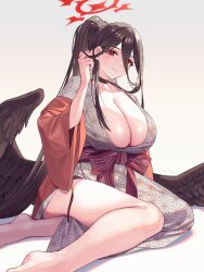 Rule 34 | 1girl, alternate costume, bare legs, barefoot, bird wings, blue archive, breasts, choker, cleavage, feathered wings, hair between eyes, hand in own hair, hasumi (blue archive), highres, huge breasts, japanese clothes, kimono, looking at viewer, looking back, ponytail, red hair, smile, solo, tanagawa makoto, wings