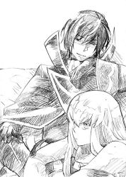 Rule 34 | 00s, 1boy, 1girl, blush, c.c., closed eyes, code geass, collar, greyscale, lelouch vi britannia, long hair, long sleeves, looking at viewer, monochrome, simple background, sitting, traditional media, very long hair, white background