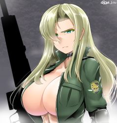 Rule 34 | 1girl, :|, blonde hair, breasts, choker, cleavage, closed mouth, collar, collarbone, commentary request, elbow pads, female focus, green eyes, green jacket, gun, h&amp;k psg1, hair over one eye, highres, holding, holding weapon, huge breasts, jacket, large breasts, long hair, metal gear (series), metal gear solid, military, military jacket, military uniform, open clothes, open jacket, rifle, saizu nitou gunsou, sideboob, signature, sniper rifle, sniper wolf, solo, uniform, weapon