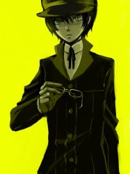 Rule 34 | 1girl, androgynous, atlus, black hair, cabbie hat, co-sw, coat, crossdressing, female focus, glasses, green eyes, hat, long sleeves, persona, persona 4, removing eyewear, reverse trap, serious, shirogane naoto, short hair, solo, standing
